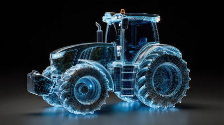 This image features a modern tractor presented in a wireframe style, emphasizing its advanced engineering and technology for agriculture.の素材