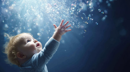 A captivating image of a young child reaching toward shimmering light in a deep blue setting, evoking curiosity and wonder in a serene, dreamy atmosphere.の素材