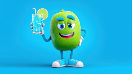 A vibrant cartoon lime character with a cheerful smile, holding a refreshing drink. Perfect for summer-themed projects, marketing, and animations.の素材