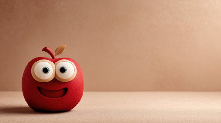 This delightful cartoon apple character features a bright red color and expressive eyes, set against a smooth beige background, perfect for children themes.の素材