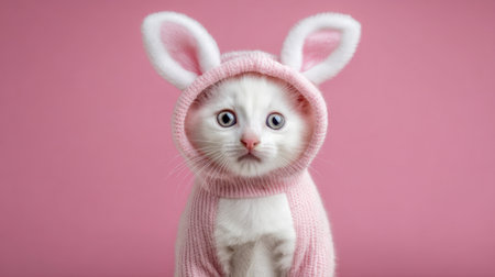This charming image features an adorable white kitten dressed in a pink bunny costume with large ears, set against a soft pink backdrop, radiating cuteness.の素材
