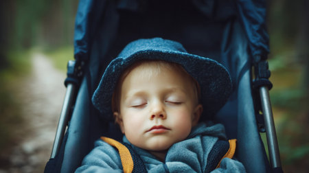 A serene moment of a child peacefully sleeping in a stroller, surrounded by a tranquil forest trail, capturing the innocence and beauty of childhood.の素材