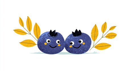 This charming illustration features two smiling blueberries with a whimsical design. Surrounded by colorful leaves, it captures joy and freshness, ideal for children's content.の素材