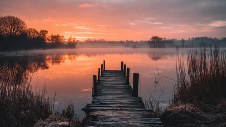 A tranquil scene featuring a wooden dock extending into calm waters at sunrise. Mist lingers over the water, while silhouettes of trees create a serene atmosphere.の素材