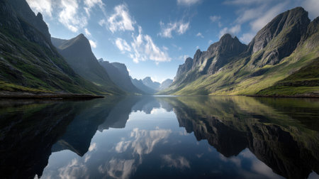 A stunning landscape showcasing a tranquil lake reflecting majestic mountains under a bright blue sky, surrounded by lush greenery and soft clouds.の素材