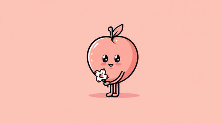 This adorable cartoon peach character stands happily with a flower, set against a soft pink background, radiating cheerfulness and charm.の素材