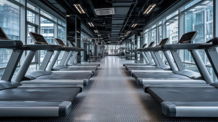 A spacious and modern gym interior with rows of treadmills facing large windows, offering a glimpse of the urban landscape outside. Ideal for fitness and health enthusiasts.の素材