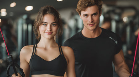 A young couple smiles confidently while holding resistance bands in a modern gym, showcasing their commitment to fitness and a healthy lifestyle.の素材