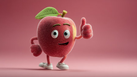 A vibrant and cheerful cartoon apple character stands confidently with a thumbs up gesture against a soft pink background, radiating positivity and fun.の素材