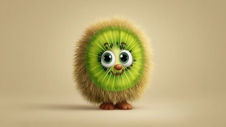 This charming illustration features a furry kiwi fruit character with large eyes and a cheerful smile, perfect for children's themes and playful designs.の素材