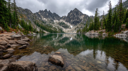 A breathtaking view of a serene mountain lake, surrounded by towering peaks and lush pine trees under a dramatic cloudy sky, ideal for nature lovers.の素材