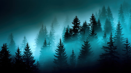A captivating misty forest landscape featuring dark green pine trees shrouded in ethereal fog. The serene atmosphere invites tranquility and reflection.の素材