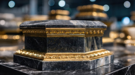 This stunning black marble pedestal features intricate gold detailing, perfect for enhancing modern interiors or artistic displays.の素材