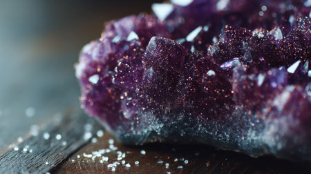 This stunning close-up image captures the intricate details of an amethyst mineral, showcasing its shimmering crystals and rich purple hues against a dark wooden background.の素材