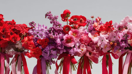 A stunning display of vibrant floral arrangements showcasing a rich palette of red, pink, and purple blooms tied with elegant ribbons, perfect for events.の素材