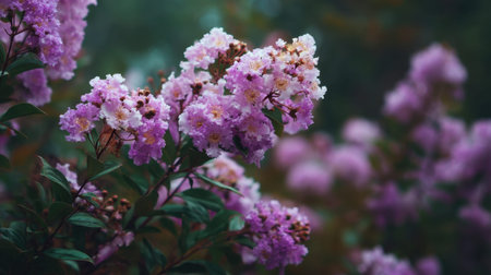 This stunning image showcases delicate pink blossoms of a crepe myrtle tree surrounded by lush greenery, creating a serene and vibrant atmosphere.の素材
