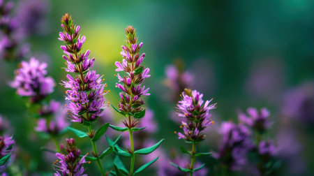 A stunning close-up of purple flowers standing tall against a lush green backdrop. Capturing the essence of nature's beauty, this image highlights vibrant colors and intricate details, perfect for various creative projects.の素材