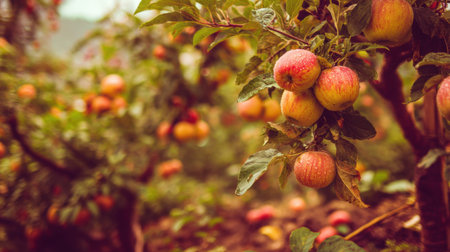 A picturesque view of fresh apples on lush trees in a sunny orchard, capturing the essence of autumn's harvest season and nature's bounty.の素材