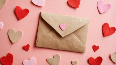 A beautifully arranged romantic composition featuring a brown envelope adorned with a pink heart, surrounded by colorful heart cutouts, ideal for love-themed projects.の素材