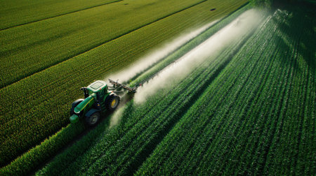 A captivating aerial shot captures a vibrant green cornfield being sprayed with pesticide. A tractor efficiently distributes the chemicals across the vast landscape under a clear blue sky.の素材