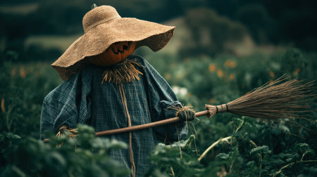 A whimsical scarecrow with a pumpkin for a head stands among green crops, embodying the spirit of autumn and rural charm in this serene setting.の素材