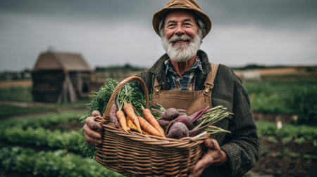 A joyous farmer holding a woven basket filled with fresh vegetables, showcasing a rich harvest in a serene rural farm setting.の素材