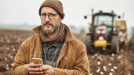 A thoughtful farmer stands in a field, looking at his smartphone. He wears glasses and a warm hat while a tractor is visible behind him.の素材