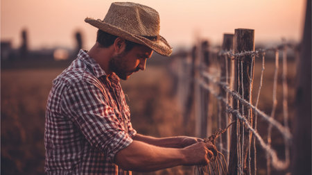 A dedicated farmer skillfully ties materials on a rustic wooden fence at sunset, reflecting a serene rural lifestyle, immersed in nature's beauty.の素材