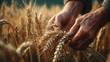 A close-up view of hands gently harvesting wheat in a golden field, showcasing the beauty of agriculture during the late afternoon light.の素材