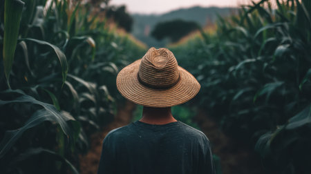 A serene view of a farmer standing in a vibrant cornfield at dusk, wearing a straw hat. The scene captures the essence of rural life and tranquility.の素材