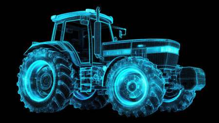 This stunning graphic showcases a detailed wireframe model of a modern tractor, featuring a futuristic neon style and clear outlines against a dark background.の素材