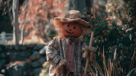A whimsical scarecrow stands proudly in an autumn garden, featuring a jack-o'-lantern for a head, surrounded by colorful leaves and natural beauty.の素材