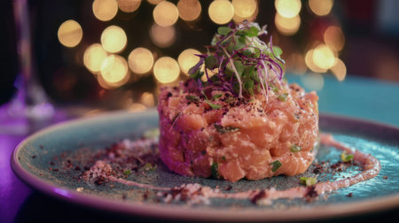 This beautiful salmon tartare is artfully arranged with microgreens on a stylish plate, enhanced by dazzling bokeh background lights, perfect for food lovers.の素材
