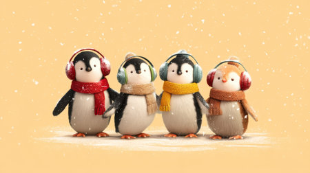 A charming scene featuring four animated penguins adorned with vibrant headphones and cozy scarves, creating a joyous winter atmosphere.の素材