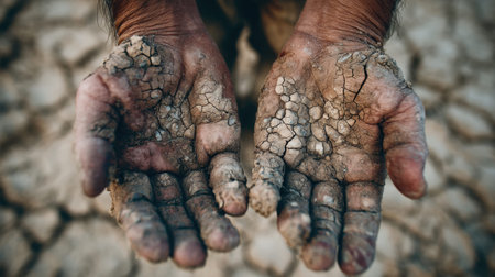 Hands displaying cracked, dry skin illustrate the impact of drought and environmental issues on human life and the earth's resources.の素材