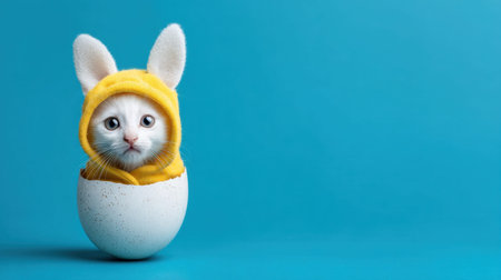 A charming kitten dressed in a yellow bunny hoodie peeks out of a white eggshell, set against a vivid blue background, perfect for springtime themes.の素材