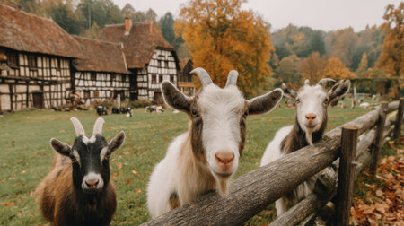 A serene scene featuring adorable goats near a rustic farmhouse, set against vibrant autumn foliage. This picturesque countryside landscape captures the charm of rural life.の素材