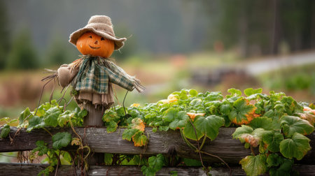 A delightful scarecrow with a pumpkin head stands in a serene autumn garden. This charming figure adds whimsy to the tranquil landscape surrounded by green leaves and a rustic wooden fence.の素材