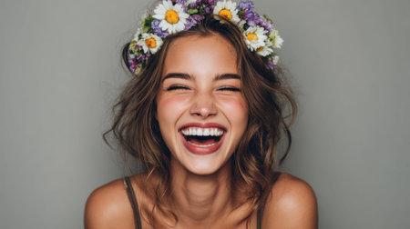 A joyful young woman with a radiant smile laughs heartily while wearing a flower crown. The image captures her carefree spirit, showcasing pure happiness and natural beauty against a soft, neutral background.の素材