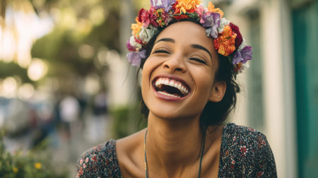 A cheerful woman adorned with a vibrant floral crown beams with laughter in an bright outdoor setting, capturing joy and carefree beauty.の素材