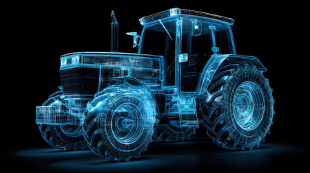 A striking 3D wireframe model of a tractor showcases futuristic design elements against a dark backdrop, illustrating modern agricultural technology.の素材