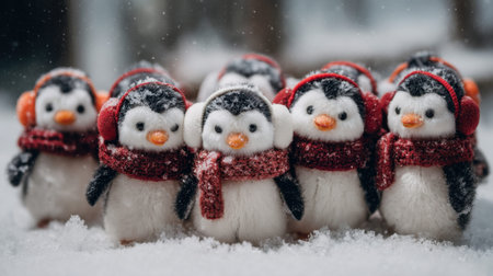 This charming image showcases adorable plush penguins dressed in colorful earmuffs and scarves, standing together in a snowy setting, ideal for festive themes.の素材
