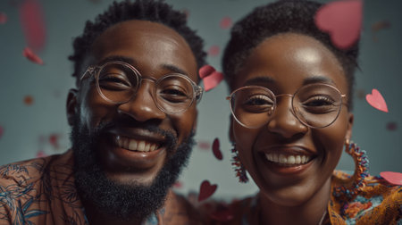 This vibrant image captures a joyful couple smiling together amidst heart-shaped decorations, embodying love and happiness. Their playful expressions convey warmth and connection in a colorful setting.の素材