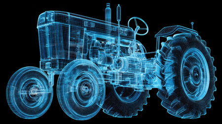 This image features a detailed wireframe model of a classic tractor, showcasing technical elements in a transparent style. Perfect for illustrating agricultural technology and engineering concepts.の素材
