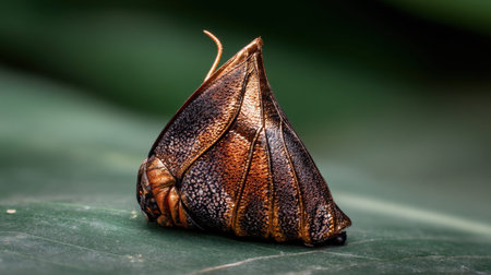 This striking close-up image showcases a unique insect shell with intricate patterns and vibrant colors resting on a green leaf, highlighting nature's beauty.の素材