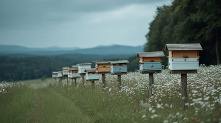 A tranquil scene featuring colorful beehives lined up in a flourishing meadow. The backdrop showcases rolling hills and a dramatic sky, emphasizing nature's beauty.の素材
