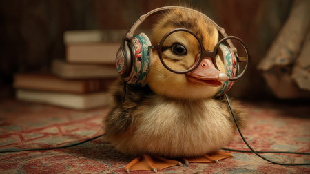 An adorable duckling wearing oversized headphones sits on a colorful rug amidst books, creating a whimsical and cozy atmosphere perfect for creative projects.の素材