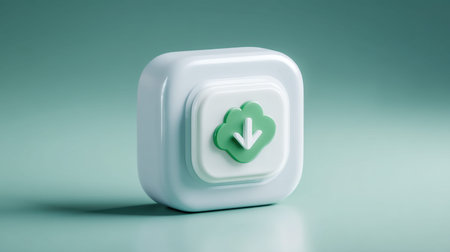 This image features a green download icon shaped like a cloud with a downward arrow, set against a sleek white background. It represents digital content download.の素材