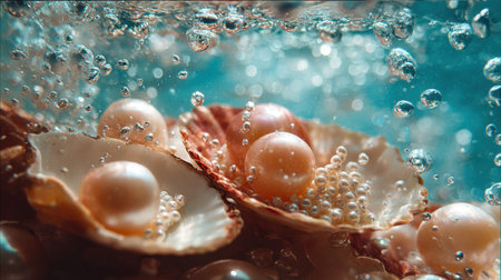 Experience an enchanting underwater view showcasing beautiful pearls nestled within shells, surrounded by lively bubbles in a serene blue environment.の素材