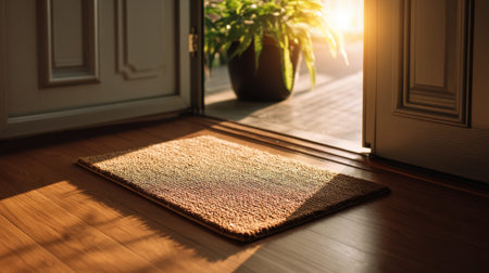 A welcoming home entrance showcases a soft mat positioned in sunlight, inviting warmth and creating a serene atmosphere with indoor plants.の素材